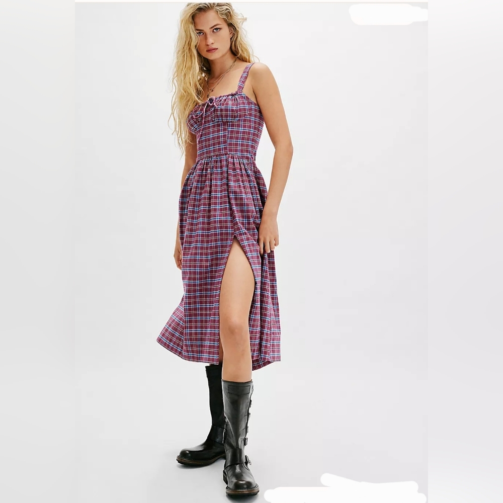 Free People Plaid Midi Dress - Red and Blue